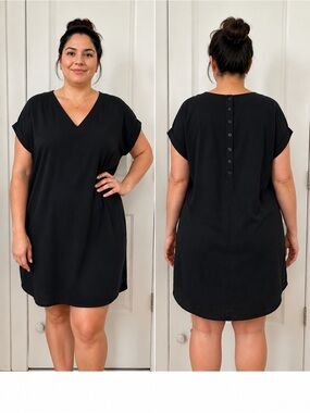 Old Navy Linen Blend Shift Dress Black Tunic V Neck Button Back XL